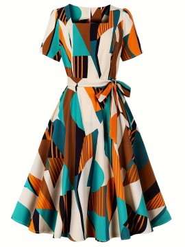 Geo Print Belted Dress, Casual Square Neck Short Sleeve Dress For Spring & Summer, Women's Clothing