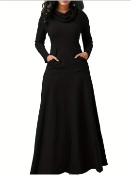 Pile Collar Pocket Front Dress, Elegant Long Sleeve Maxi Dress, Women's Clothing