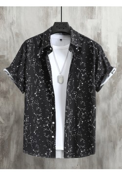 Constellation Style Pattern Men's Casual Short Sleeve Button Up Shirt, Summer Holiday