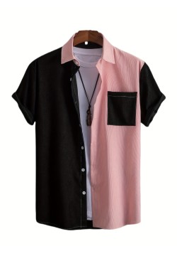 Color Block Men's Trendy Short Sleeve Lapel Shirt, Men's Hawaiian Button Up Shirt For Summer Outdoor