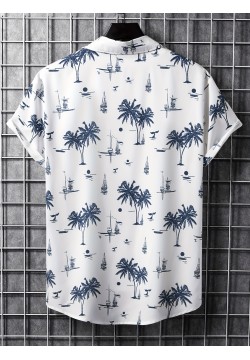 Men's Hawaiian Shirt - Coconut Tree Sailboat Print, Trendy & Comfy Short Sleeve Button Up for Summer Beach Vacations