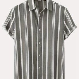 Stripe Pattern Men's Casual Thin Short Sleeve Lapel Shirt, Men's Shirt For Spring Summer, Resort Vacation