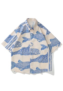Retro Fish Pattern Men's Short Sleeve Lapel Shirt, Men's Casual Button Up Shirt For Summer Holiday