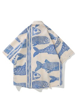 Retro Fish Pattern Men's Short Sleeve Lapel Shirt, Men's Casual Button Up Shirt For Summer Holiday