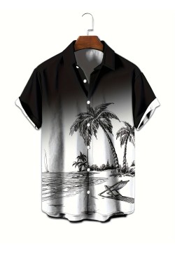 Anime Beach Pattern Men's Chic Gradient Short Sleeve Button Down Shirt, Summer Resort Vacation