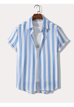 Classic Stripe Print Men's Casual Short Sleeve Shirt, Men's Shirt For Summer Vacation Resort, Tops For Men