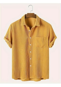 Ribbed Men's Casual Short Sleeve Lapel Shirt With Chest Pocket For Summer Outdoor, Gift For Men