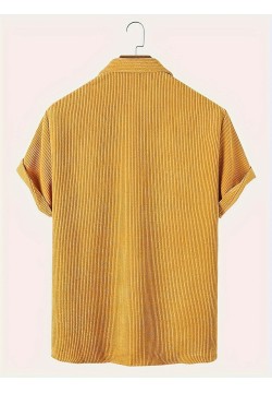 Ribbed Men's Casual Short Sleeve Lapel Shirt With Chest Pocket For Summer Outdoor, Gift For Men