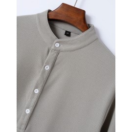 Solid Lapel Shirt, Men's Casual V-Neck Pullover Long Sleeve Shirt For Spring Autumn, Men's Clothing