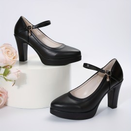 Women's Solid Color Trendy Shoes, Ankle Strap Comfy Soft Sole Chunky Heel Shoes, Versatile Closed Toe Shoes