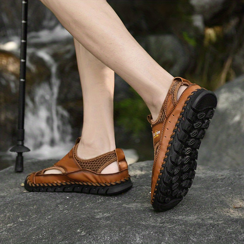 mens casual stitch breathable mesh hollow out sandals outdoor rubber sole non slip soft sole multi functional sandals details 5